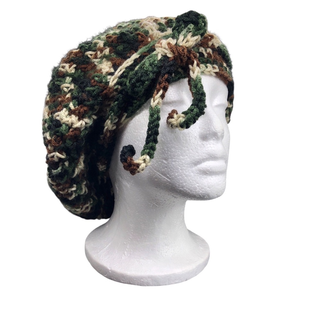 Hodgy Bonnet Handmade Crochet Green Camo Adjustable with Tie M/L